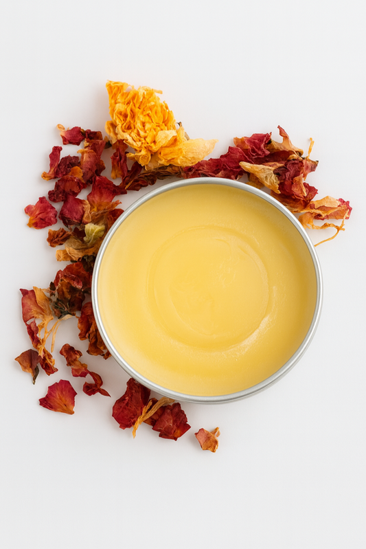 Yellow cream in a metal container surrounded by dried flowers on a white background